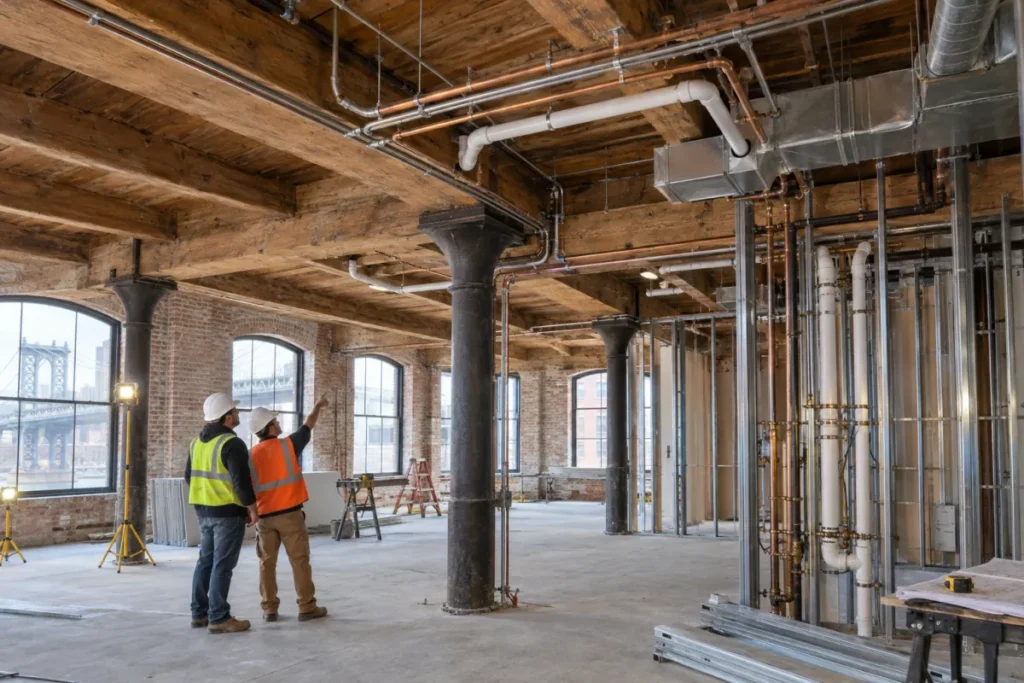 Representative plumbing and mechanical rough-in routed around a DUMBO loft structural grid