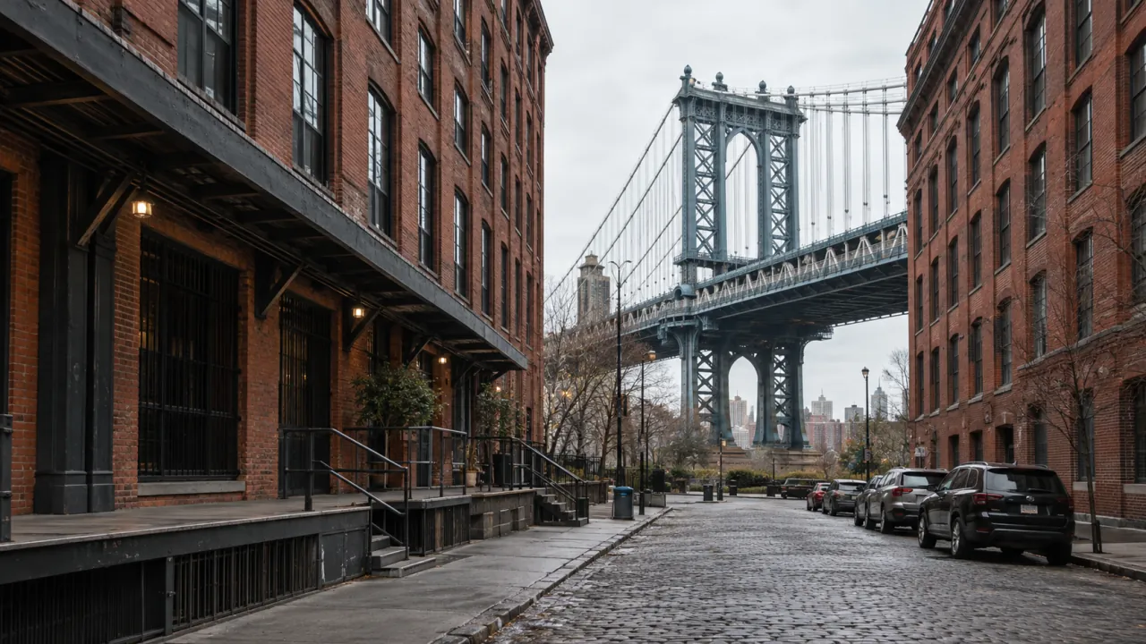 Representative converted warehouse buildings on a DUMBO street in Brooklyn