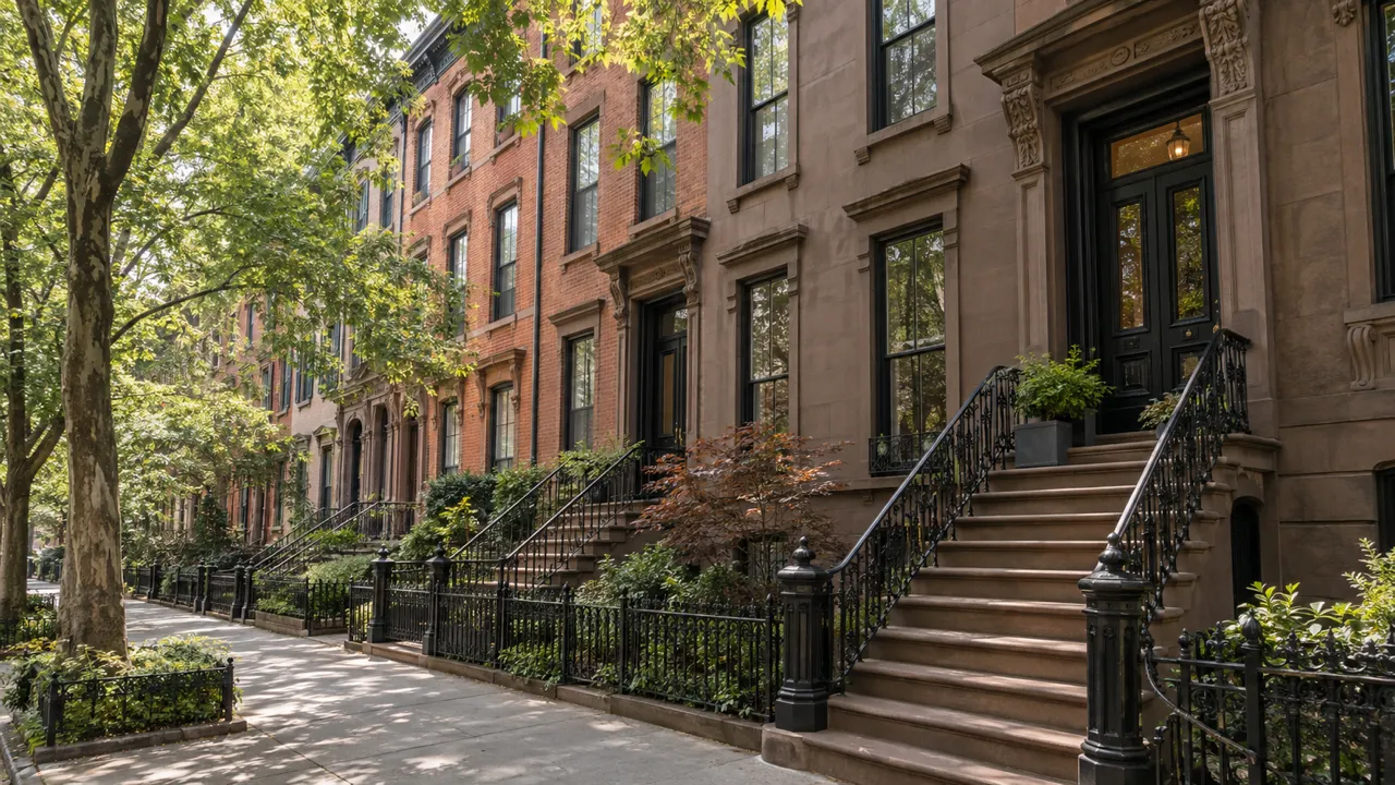 Representative brownstone row on a tree-lined street in Fort Greene, Brooklyn