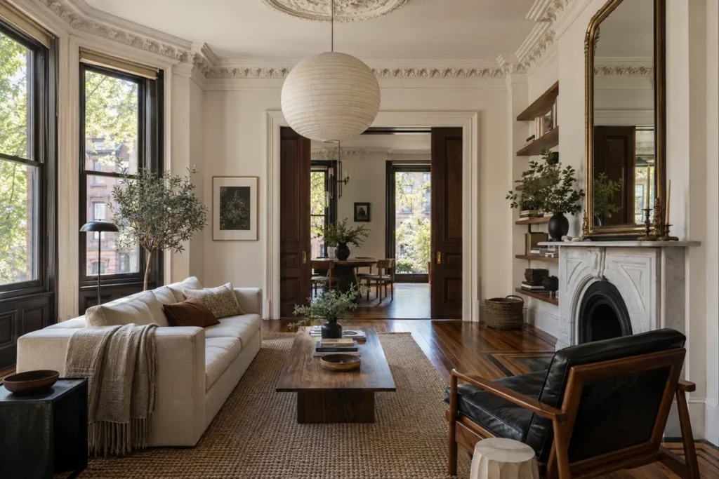 Representative restored Fort Greene brownstone parlor with original architectural details