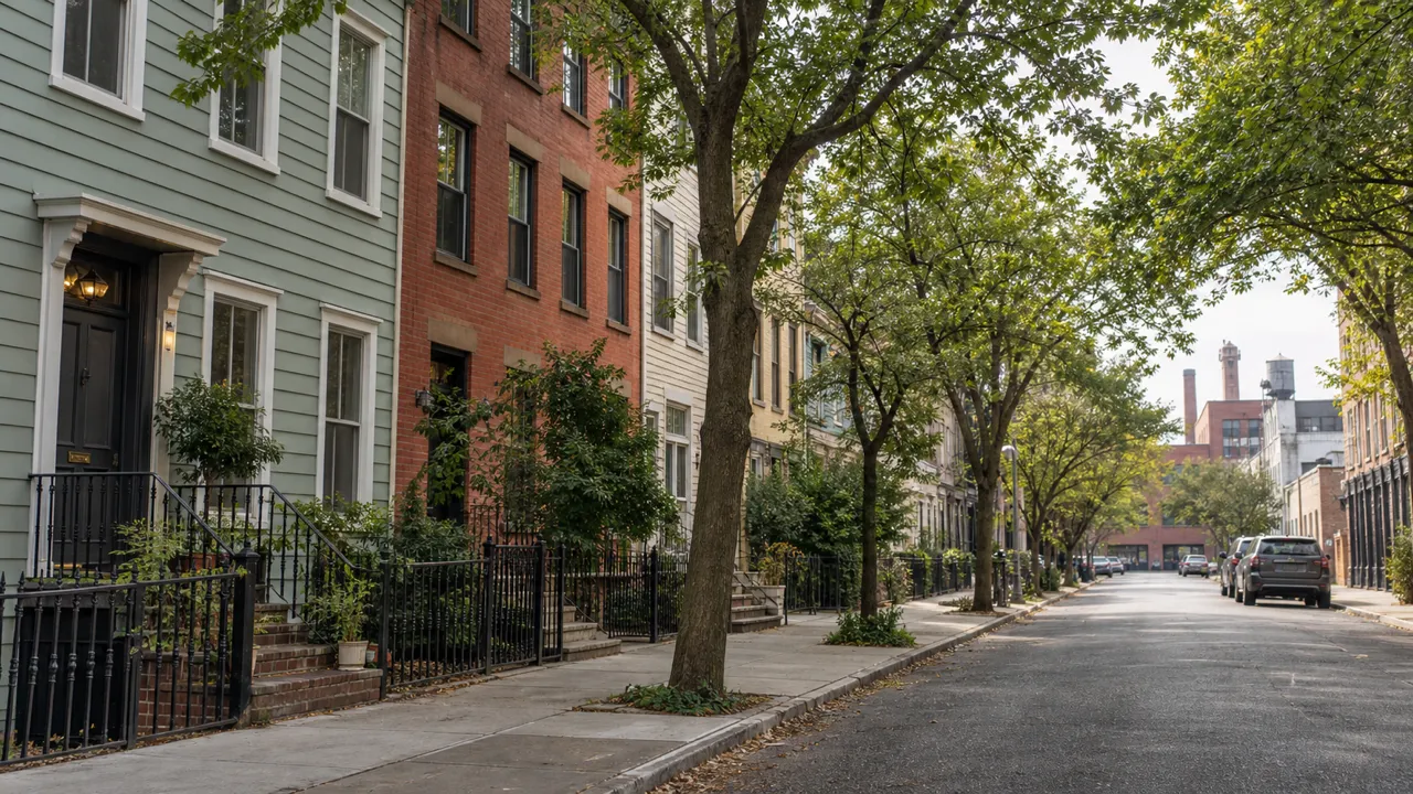 Representative frame houses and rowhouses on a tree-lined street in Greenpoint, Brooklyn