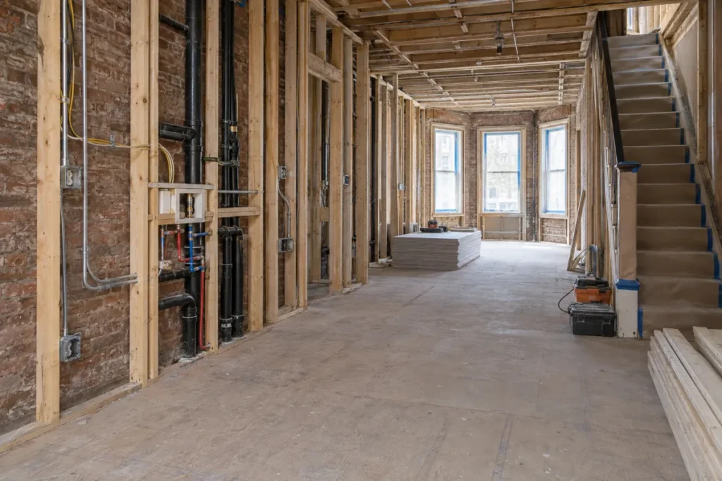 Representative mechanical and structural rough-in during a Greenpoint gut renovation