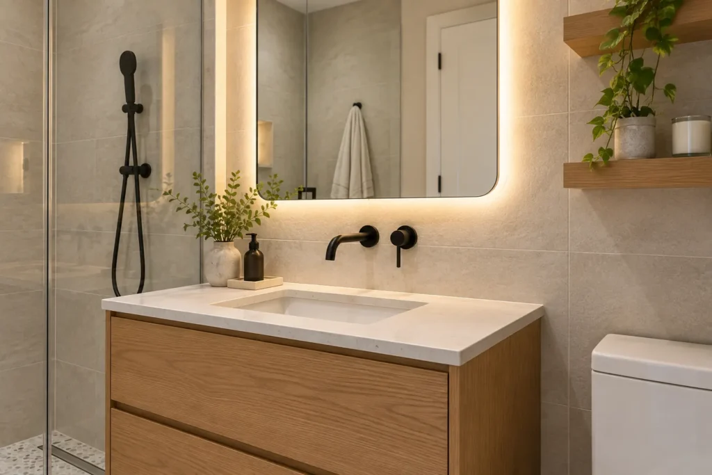 Design visualization of a floating white-oak bathroom vanity with quartz top and matte-black wall faucet in Long Island City