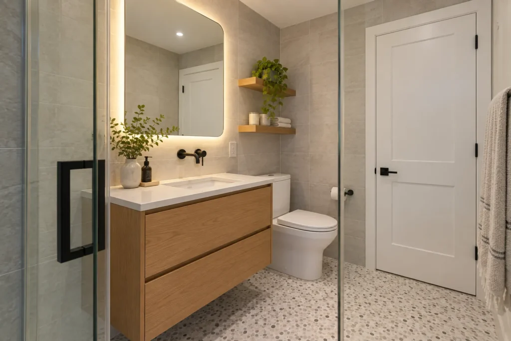 Design visualization showing a compact Long Island City bathroom layout with oak vanity, toilet, glass shower, and terrazzo floor