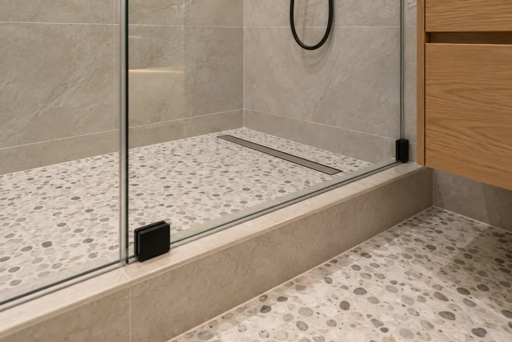 Design visualization of a tiled shower threshold, terrazzo floor, frameless glass, and linear drain in a Long Island City bathroom