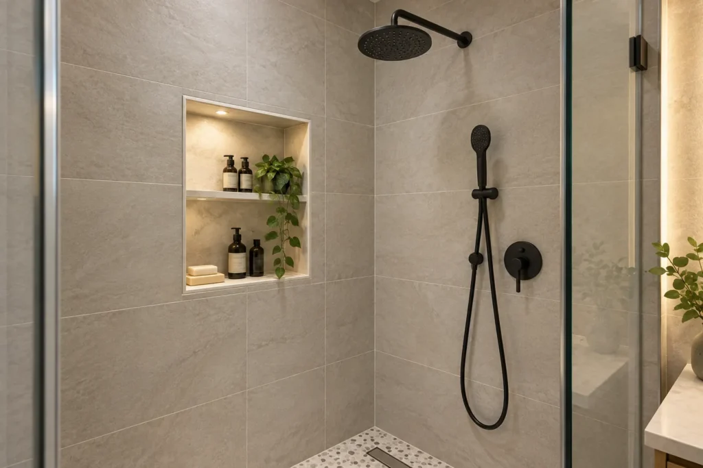 Design visualization of large-format bathroom tile, recessed shower niche, and matte-black fixtures in Long Island City