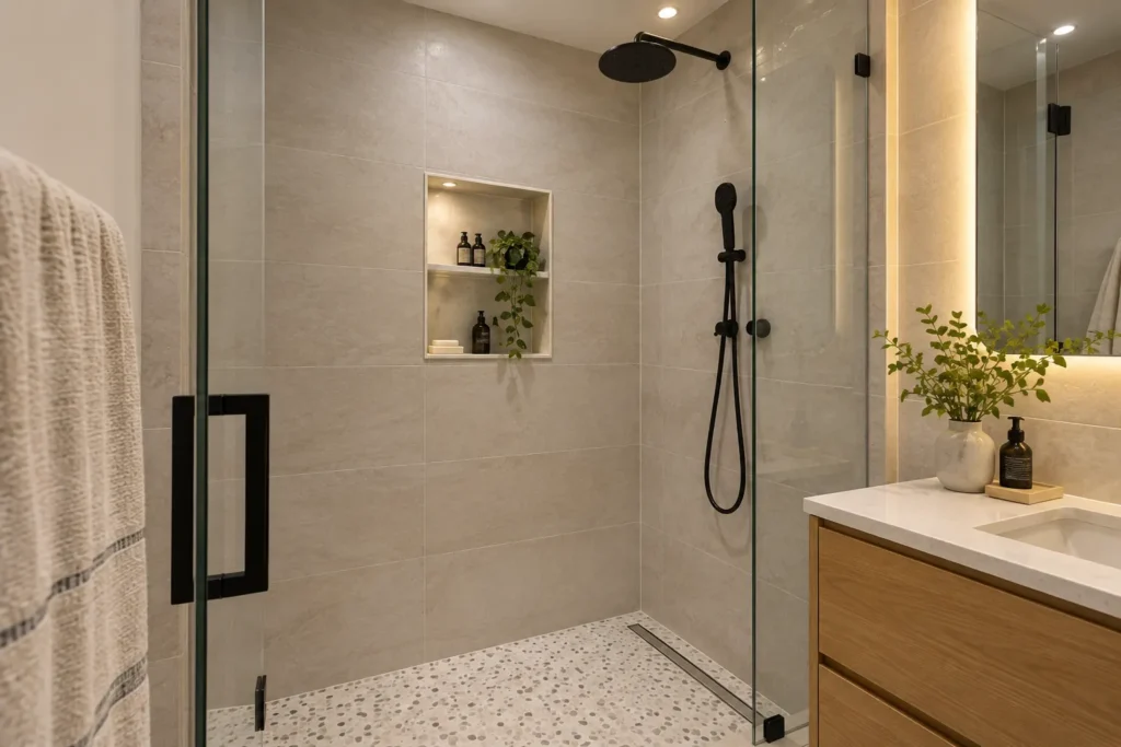 Design visualization of a Long Island City walk-in shower with frameless glass, terrazzo floor, and linear drain