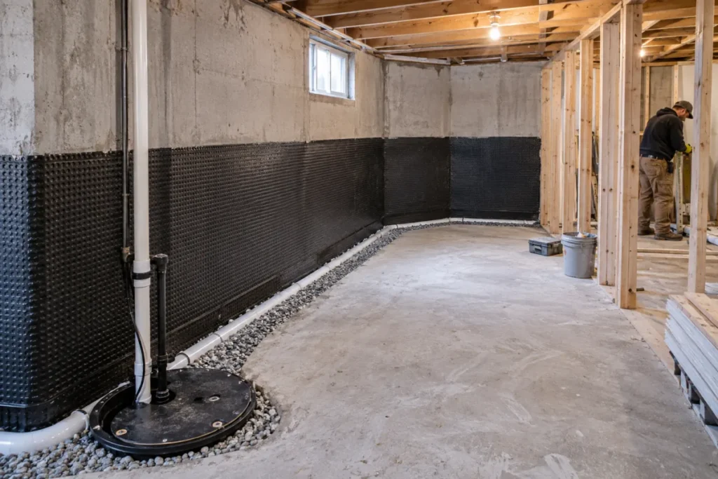 Representative basement waterproofing system with perimeter drainage and sump pump in an Oakwood home