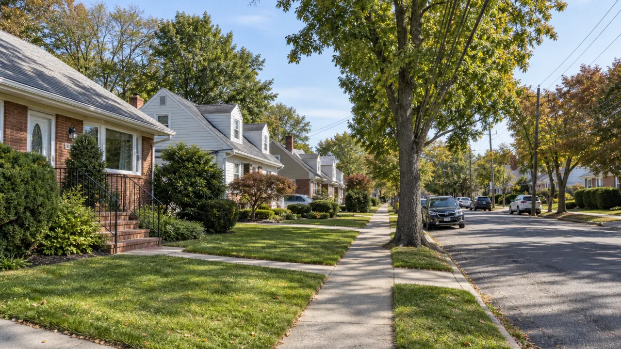 Tree-lined residential street with detached homes in Oakwood Heights, Staten Island