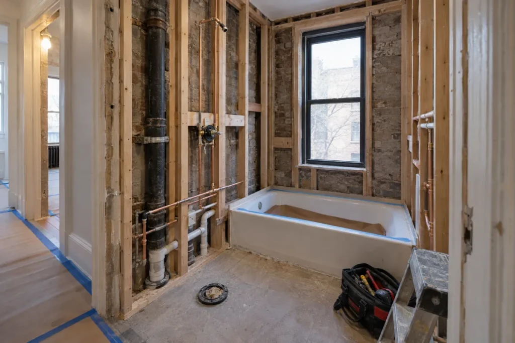 Representative bathroom plumbing rough-in in a Prospect Heights pre-war apartment
