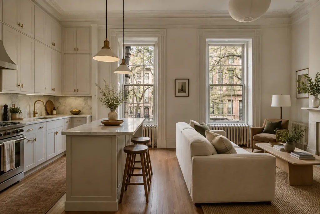 Representative renovated kitchen and living area in a Prospect Heights pre-war apartment