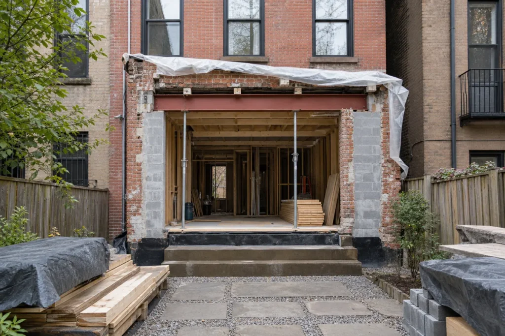Structural rear-extension framing and masonry work in progress at a Prospect Heights brownstone