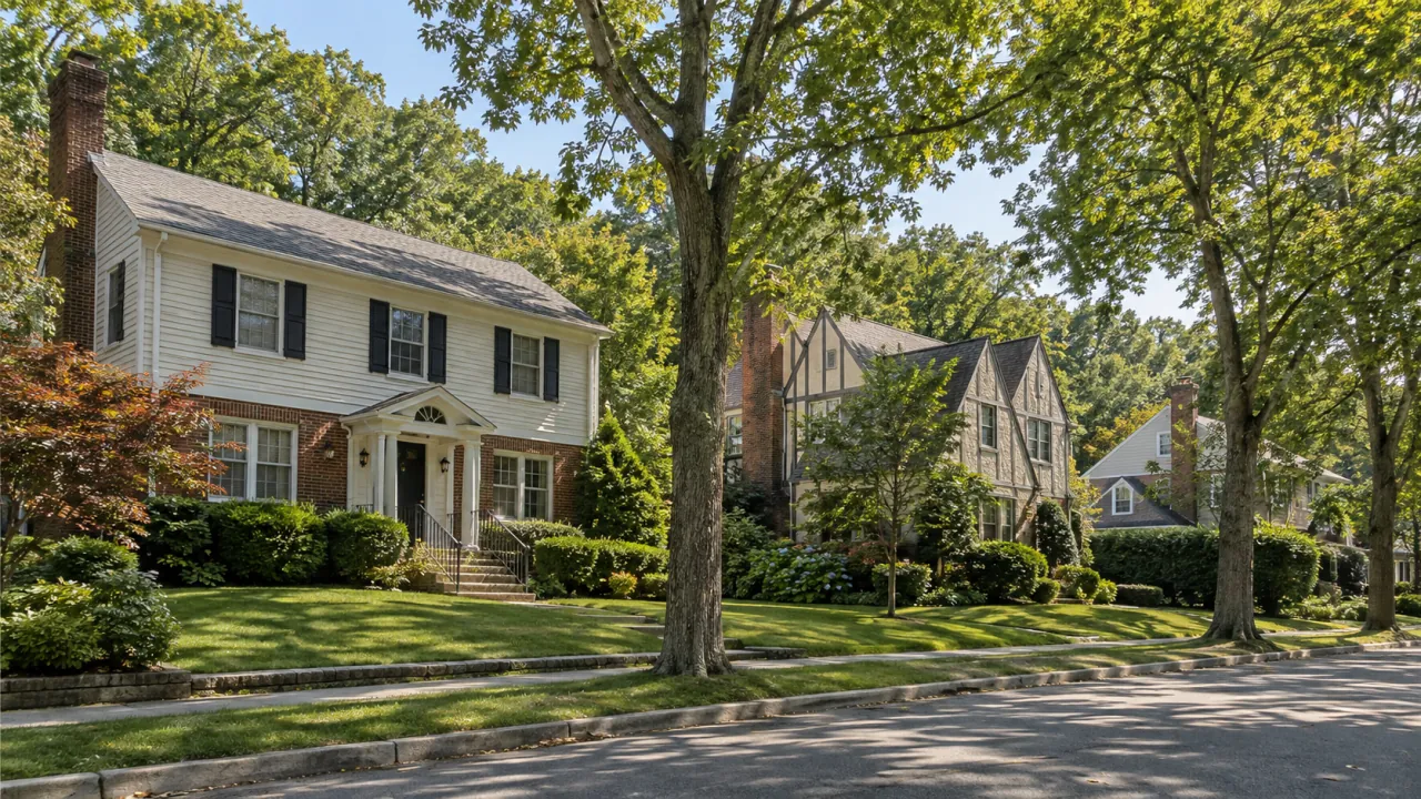 Representative Colonial-style homes on a tree-lined street in Richmondtown, Staten Island