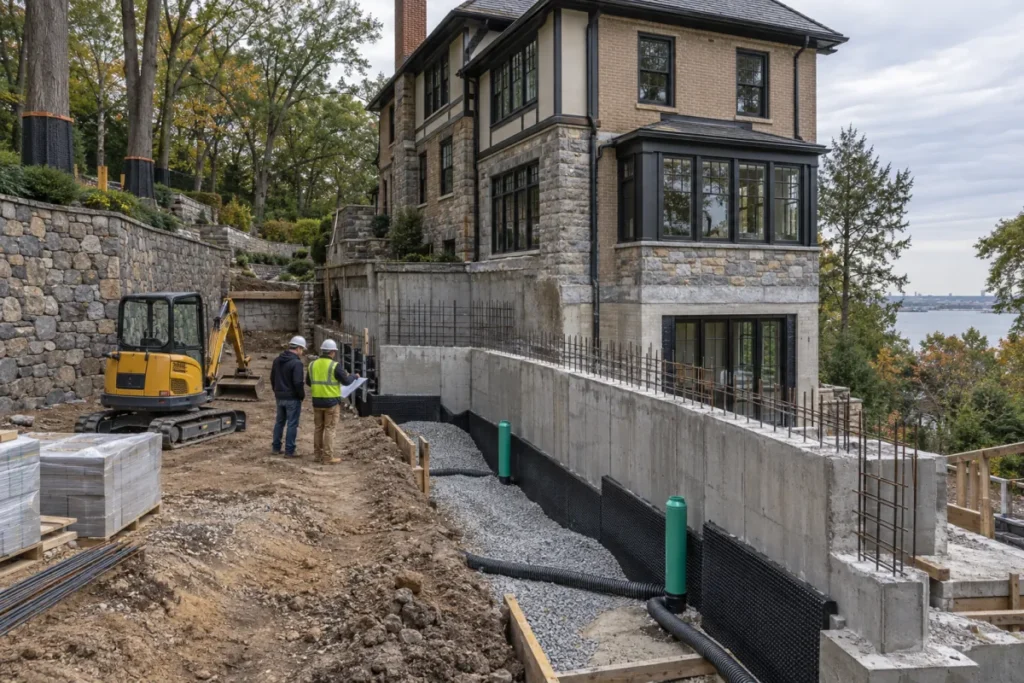 Representative foundation and drainage site work on a sloped Todt Hill property