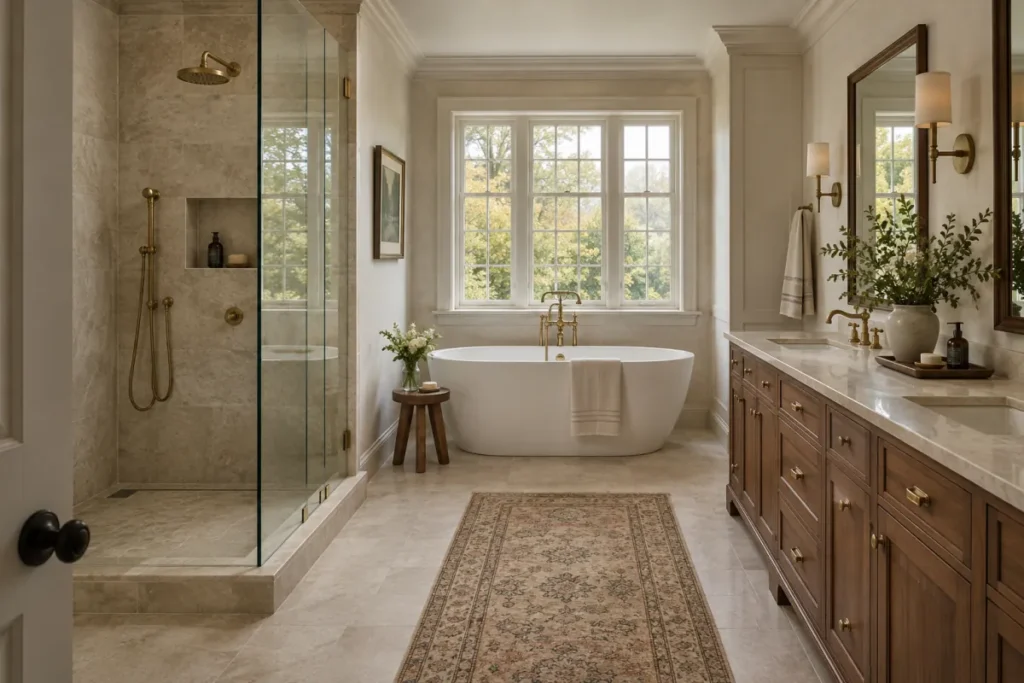 Representative luxury primary bathroom renovation in a Todt Hill home