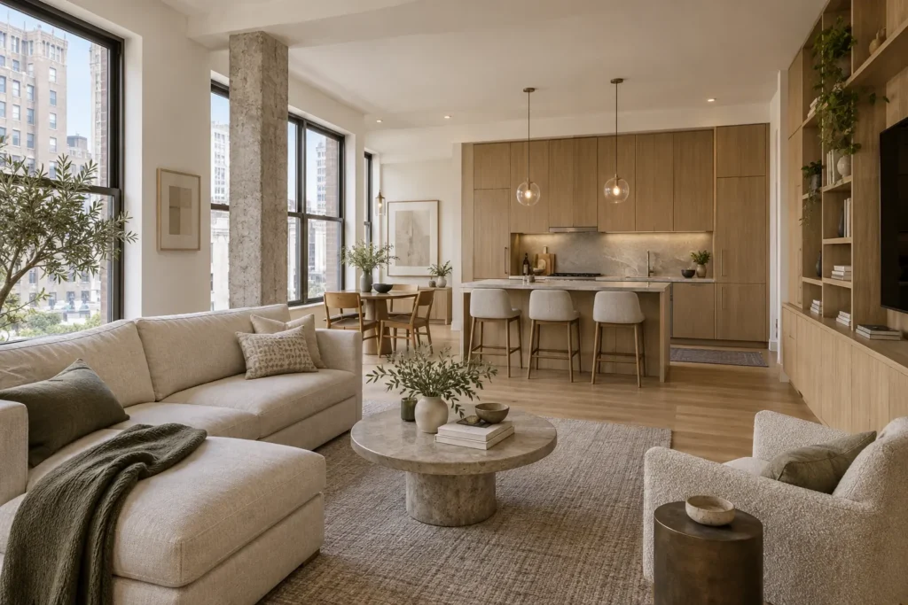 Design visualization of a West 38th Street Manhattan apartment renovation with an open kitchen and living room