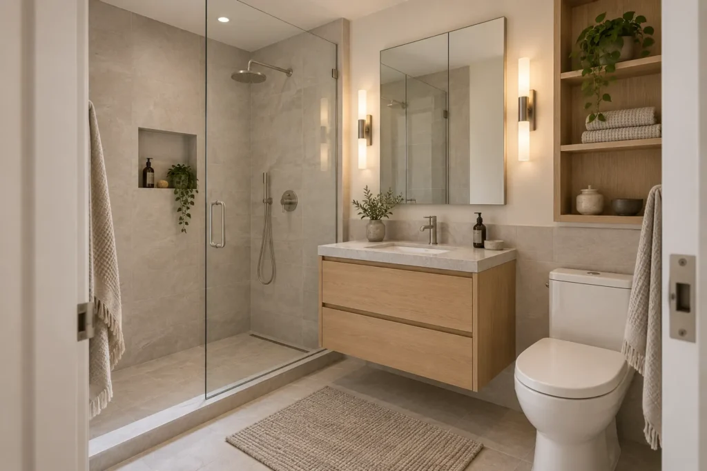 Design visualization of a Manhattan apartment bathroom renovation with walk-in shower and floating oak vanity