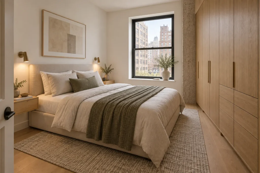Design visualization of a renovated Manhattan bedroom with custom full-height white-oak wardrobe storage