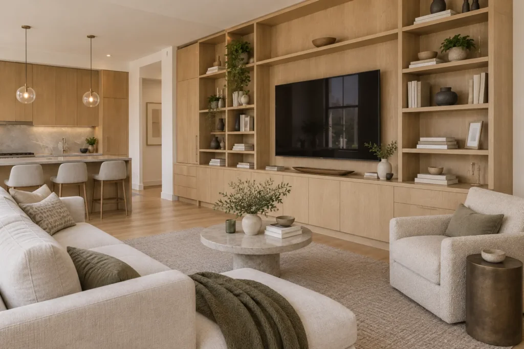Design visualization of custom white-oak media storage in a renovated West 38th Street Manhattan apartment