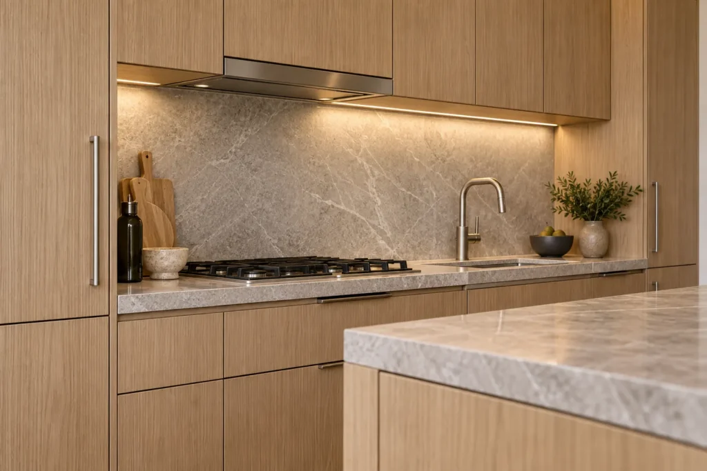 Design visualization of white-oak kitchen cabinetry, honed stone, and integrated lighting in a Manhattan apartment