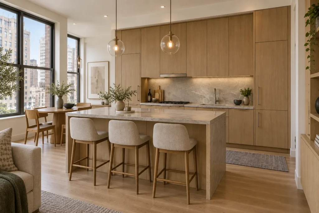Design visualization of an open Manhattan apartment kitchen with white-oak cabinets, stone island, and integrated appliances