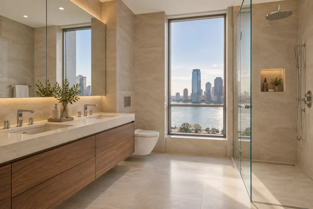 Representative contemporary bathroom renovation in a Battery Park City high-rise condo