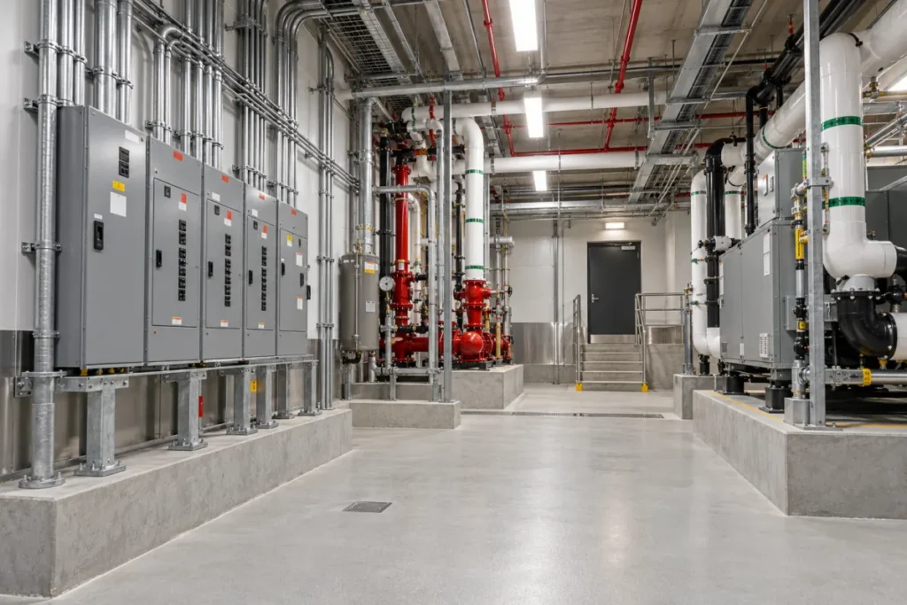 Representative elevated mechanical equipment and moisture-resistant construction in Battery Park City