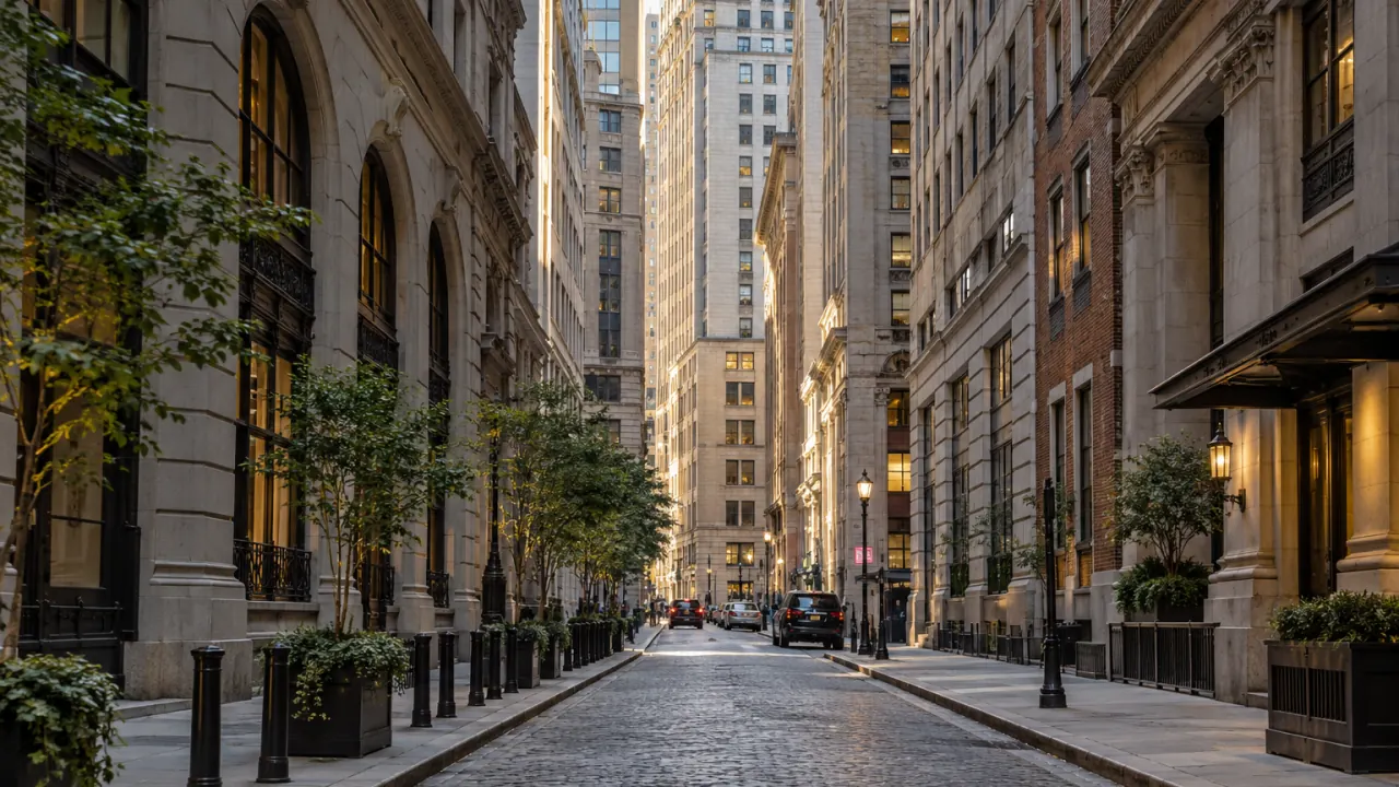 Representative residential and historic towers on a narrow street in the Financial District, Manhattan