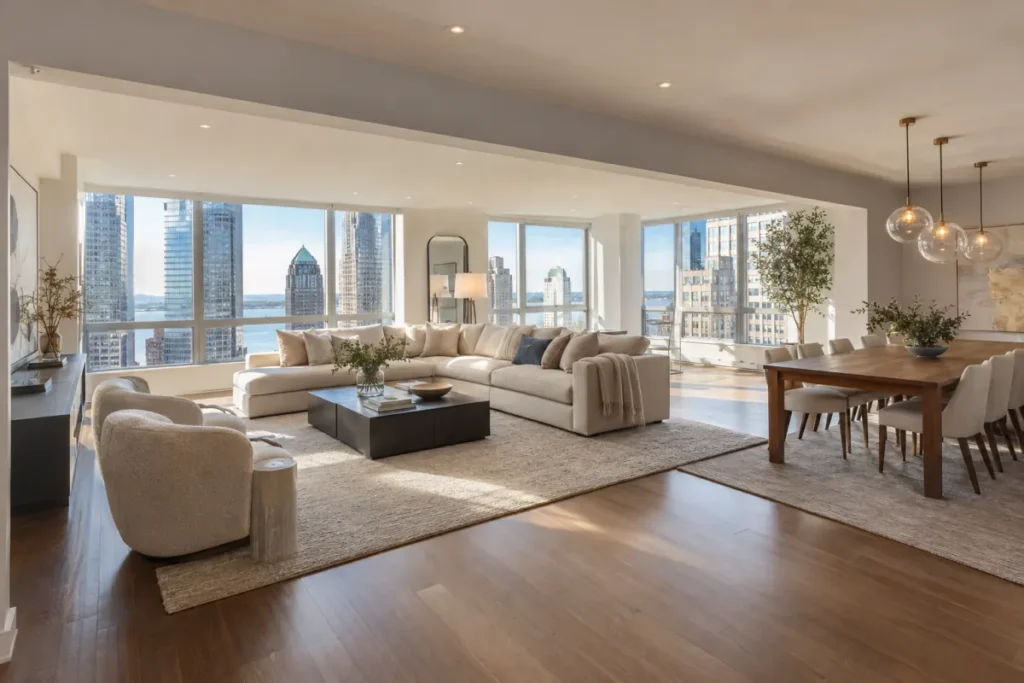 Representative open living area formed by combining condo units in a Financial District tower