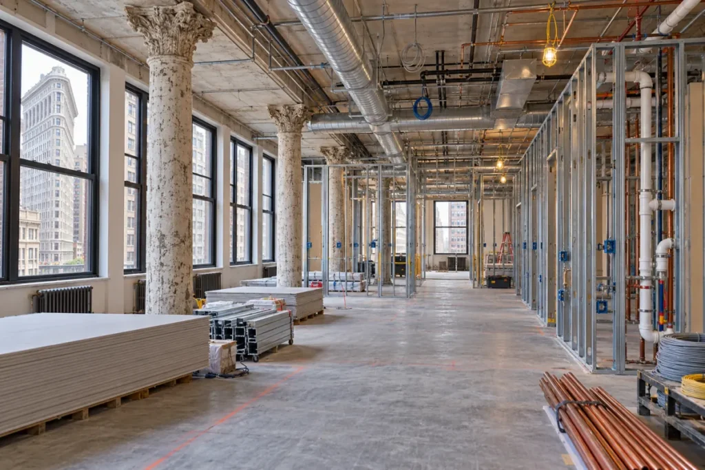 Representative mechanical rough-in during a Flatiron commercial-to-residential conversion