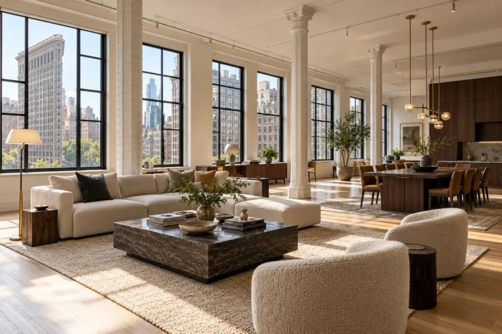 Representative renovated Flatiron full-floor loft with high ceilings, columns, and an open living plan