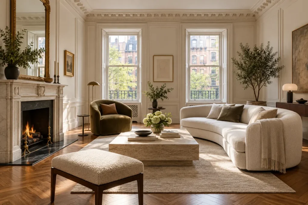 Representative restored Gramercy Park living room with herringbone floor, crown molding, and period fireplace