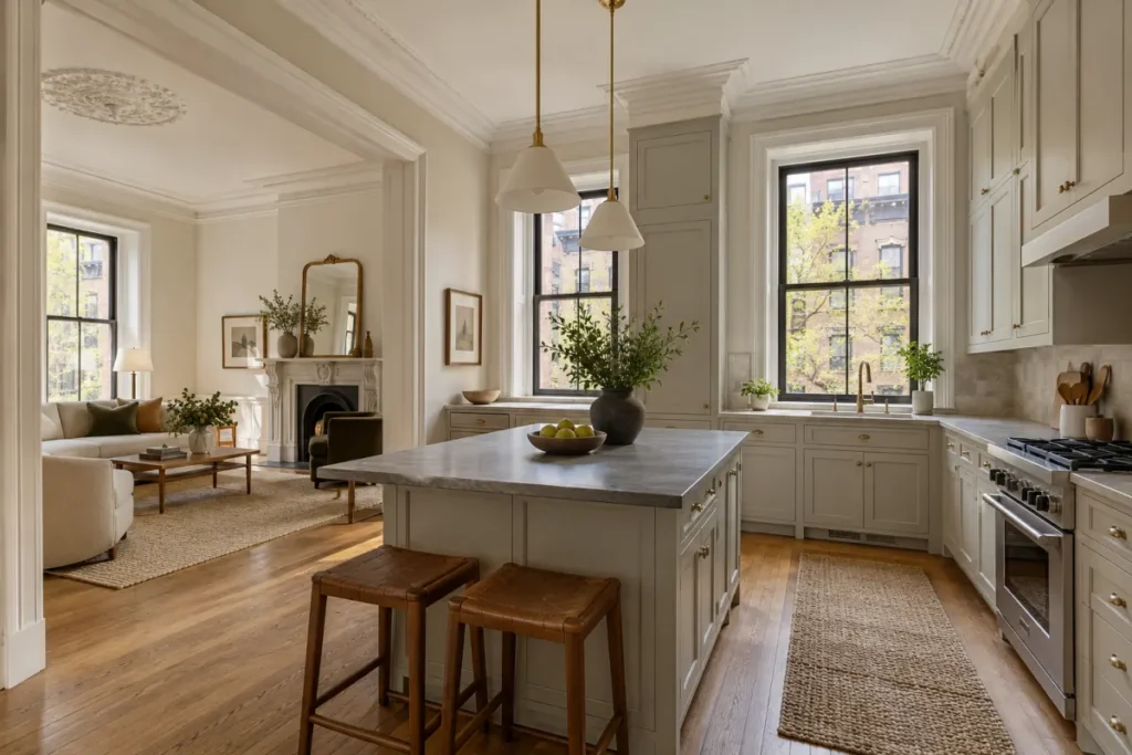 Representative renovated kitchen in a Greenwich Village pre-war apartment with preserved period detail