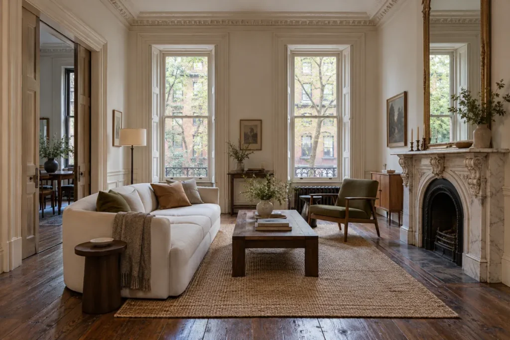Representative restored Greenwich Village townhouse parlor with original moldings, mantel, and wood flooring