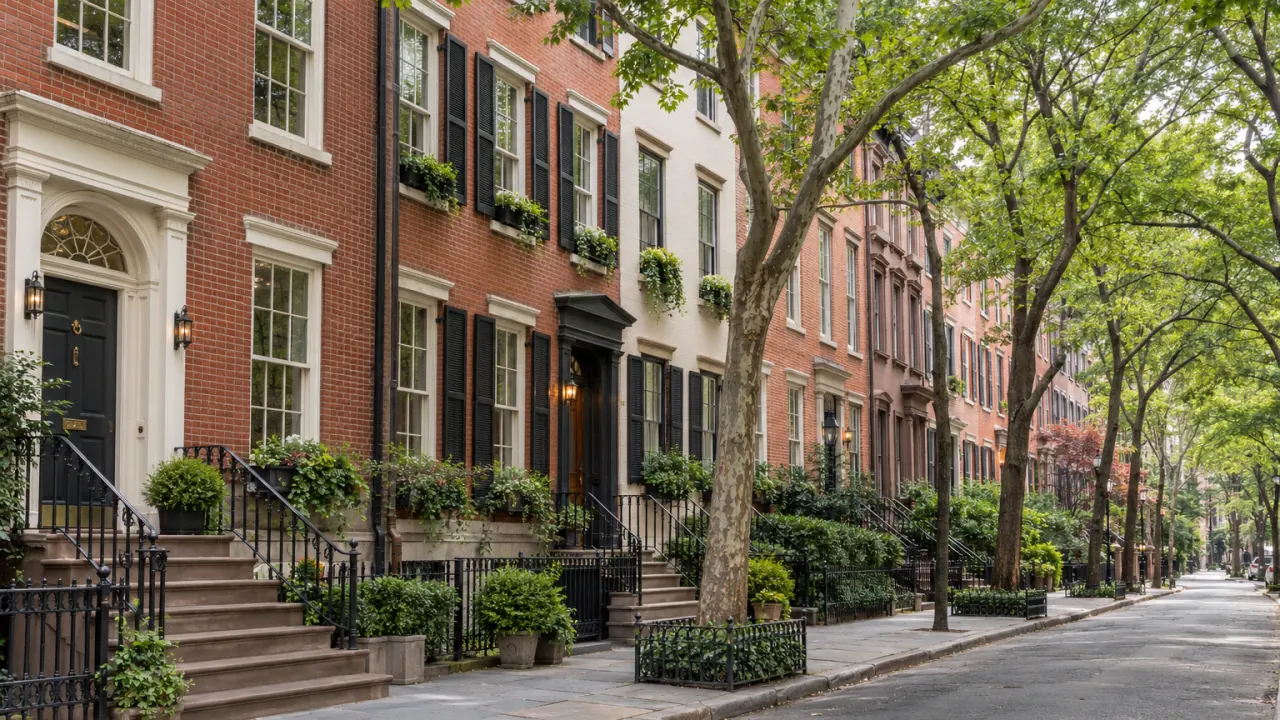Representative Federal and Greek Revival townhouses on a tree-lined Greenwich Village street