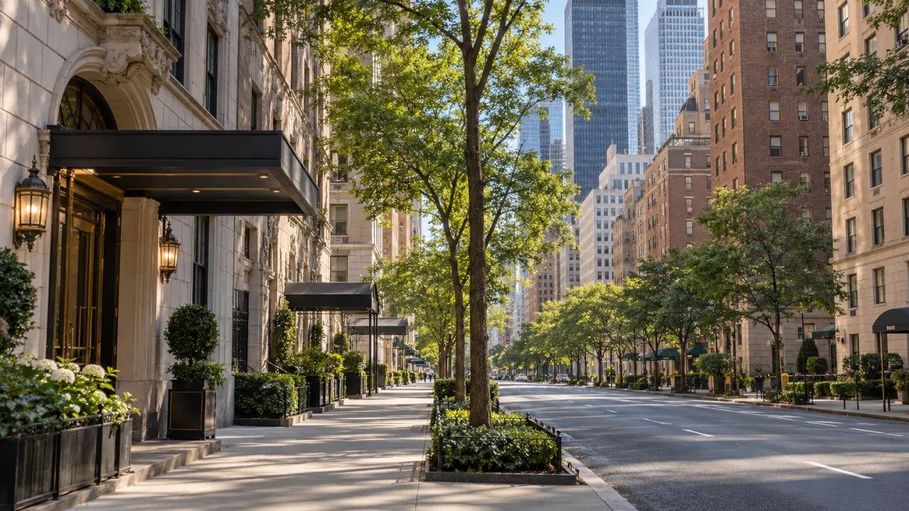 Representative Midtown East streetscape with postwar apartment towers and luxury doorman buildings