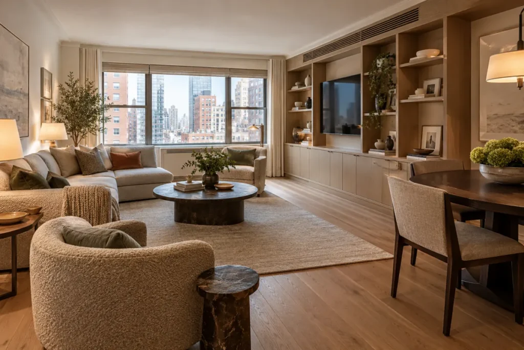 Representative renovated Midtown East postwar apartment with custom millwork and modern finishes