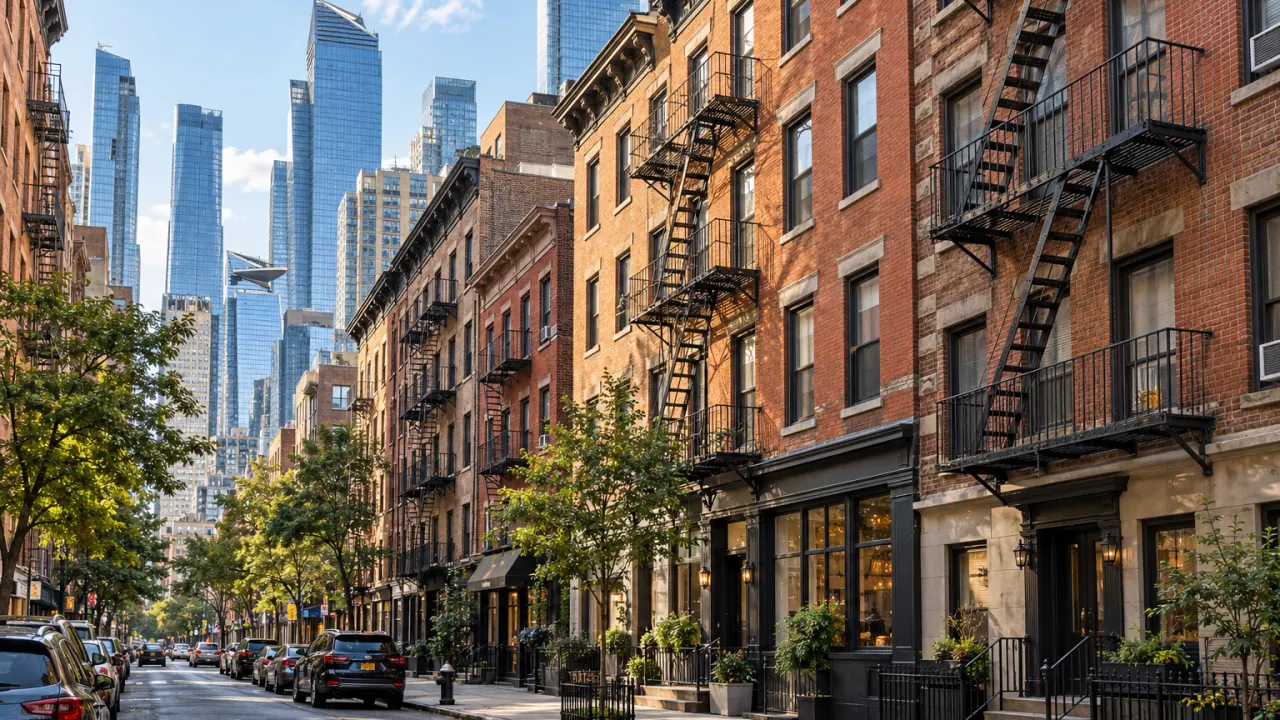 Representative Midtown West streetscape with Hell’s Kitchen brick walk-ups and modern high-rise buildings