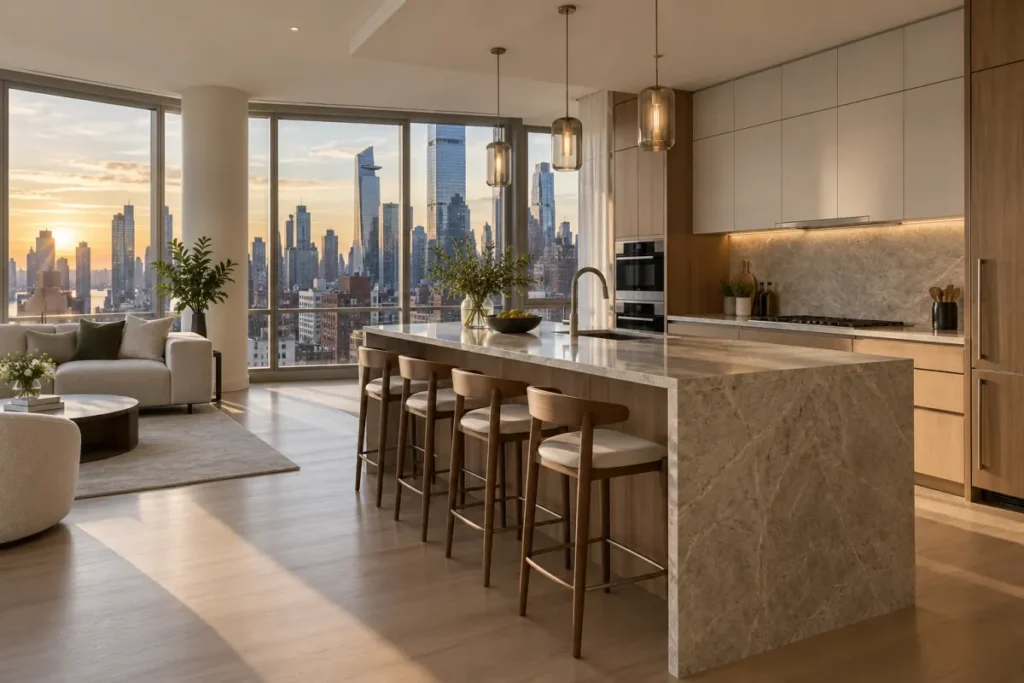Representative modern kitchen renovation in a Midtown West high-rise apartment