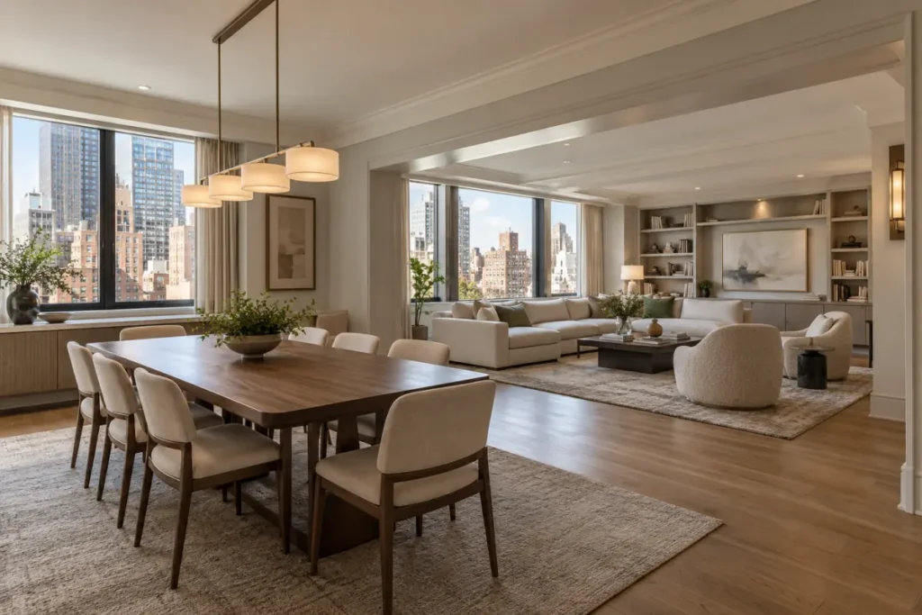 Representative combined-apartment living space in a Midtown West residential building