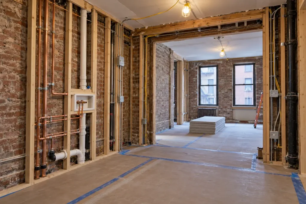 Representative plumbing and electrical rough-in during a Midtown West walk-up gut renovation