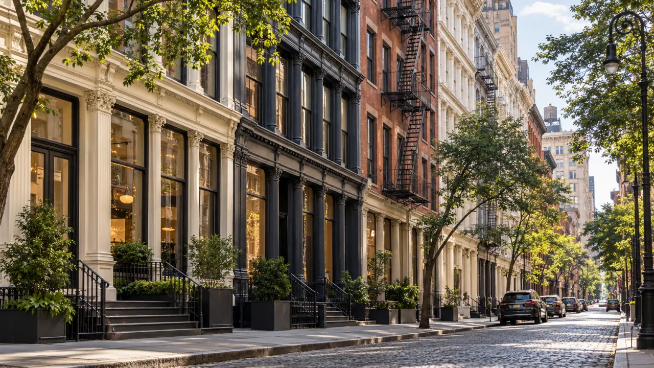 Representative historic cast-iron loft buildings on a NoHo street in Manhattan