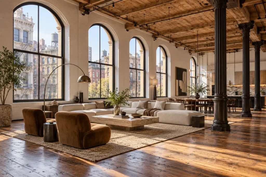 Representative renovated NoHo loft with cast-iron columns, timber framing, and tall windows