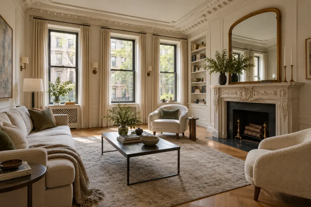 Representative Upper West Side interior with restored herringbone floor, moldings, and fireplace
