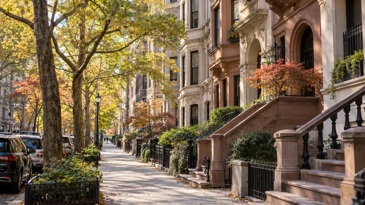 Representative Upper West Side block with pre-war apartment buildings and brownstones